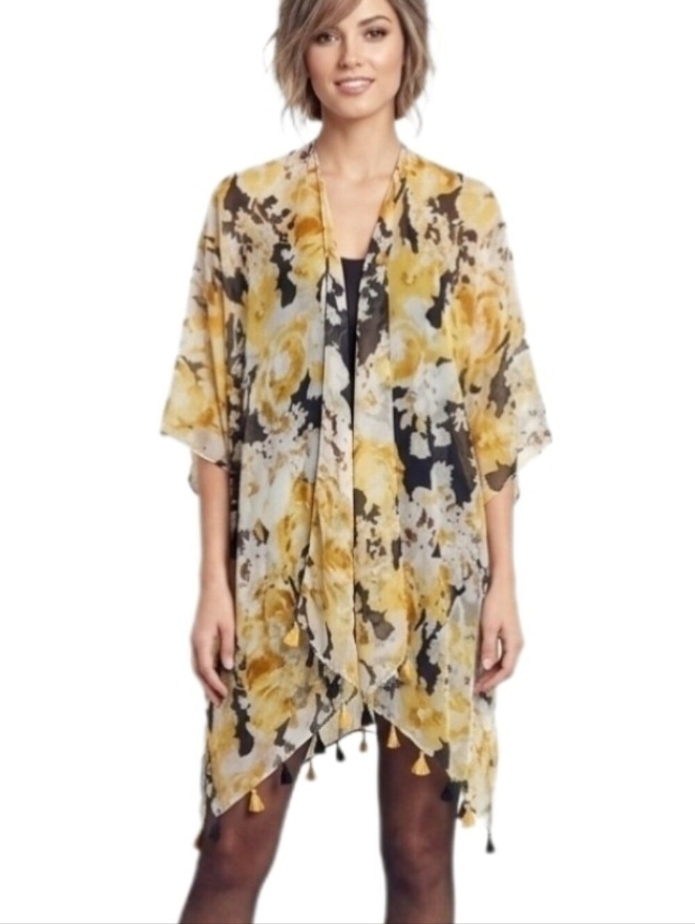 Est. 1946 Floral Semi Sheer Tassled Hem  Kimono Style Cover Up Yellow Size OS
